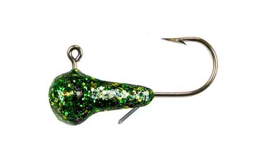 Fishing lure with a green and silver glittery body on a white background