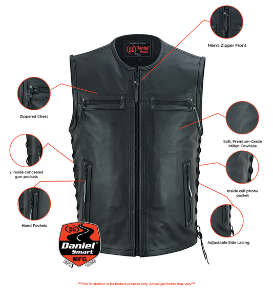 DS Men's Zipper Front Black Leather Motorcycle Vest