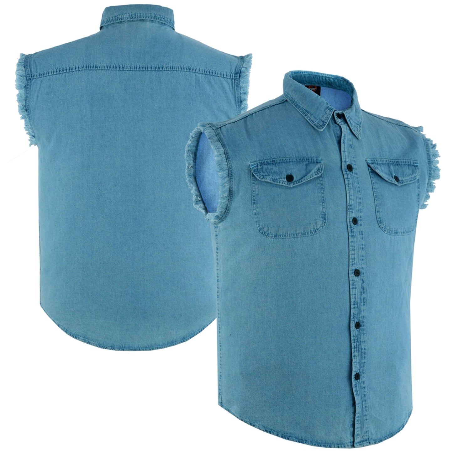 Front and Back Men's Blue Lightweight Sleeveless Denim Shirt
