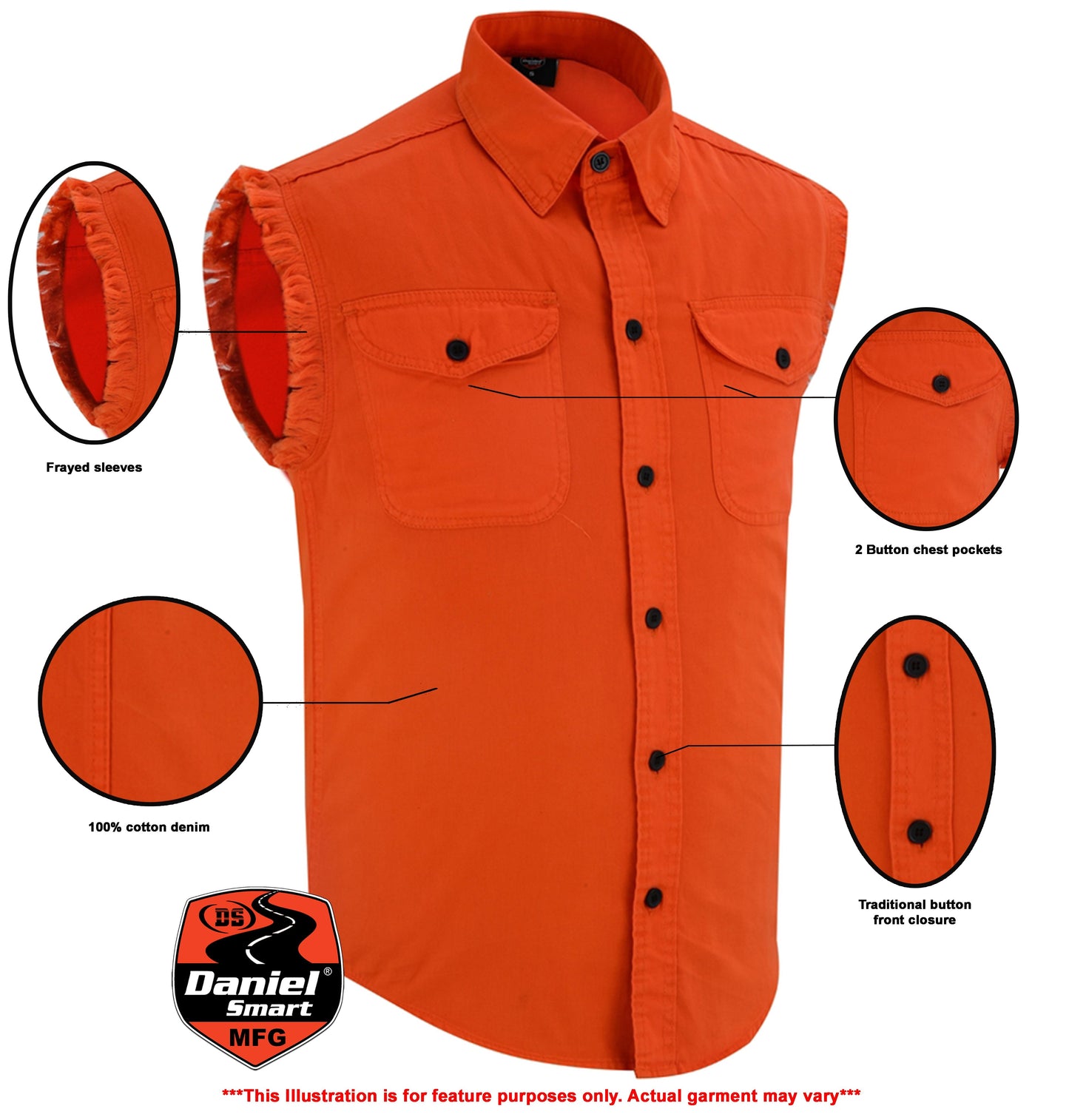 DM Men's Orange Lightweight Sleeveless Denim Shirt