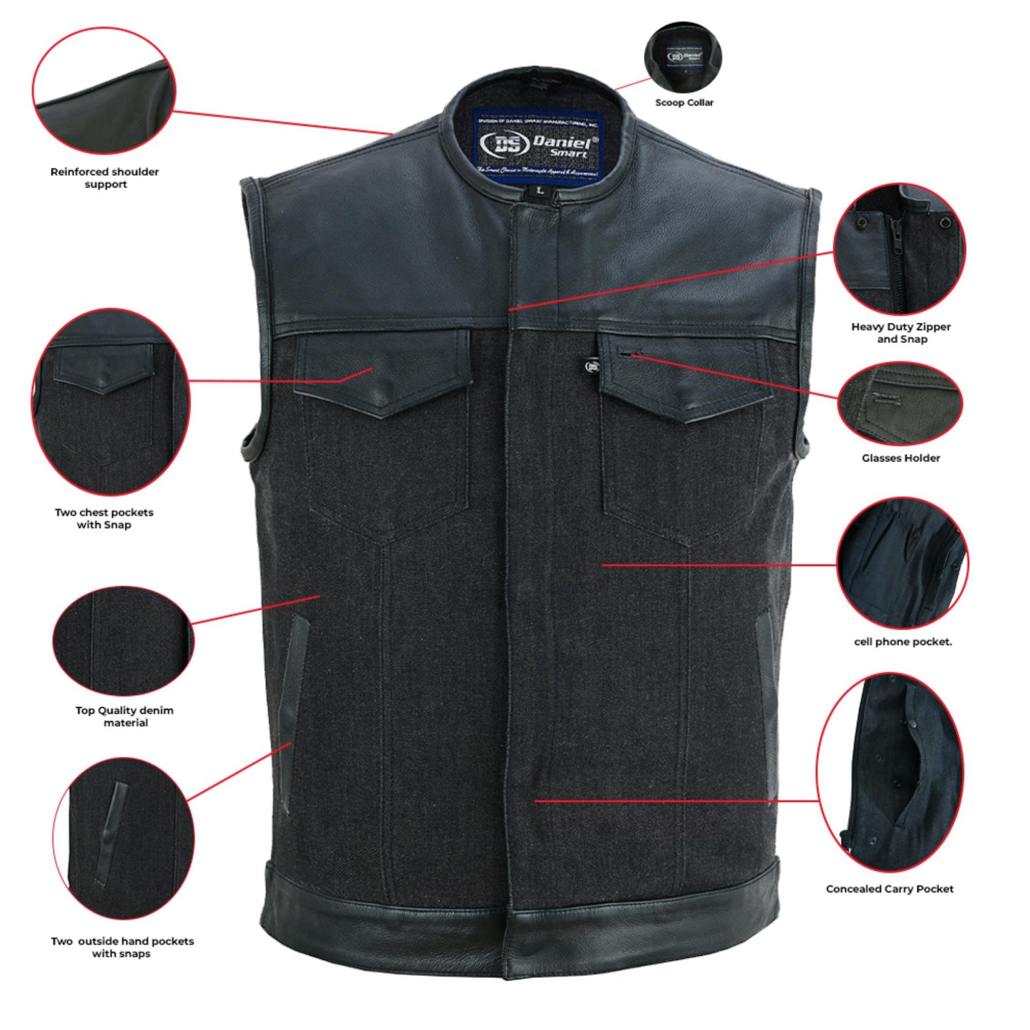 DM Men's Leather-Denim Combo Motorcycle  Vest - No Collar