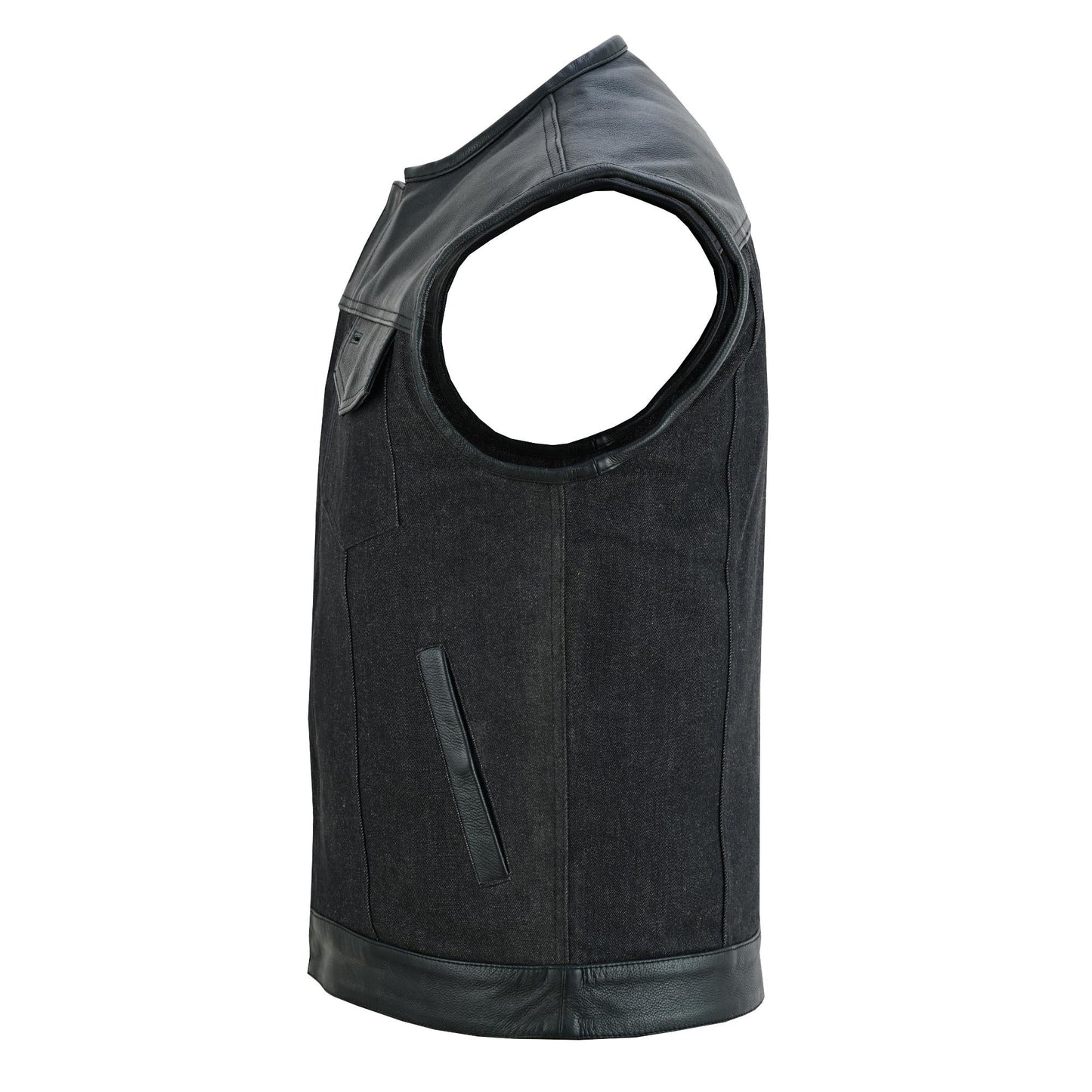 DM Men's Leather-Denim Combo Motorcycle  Vest - No Collar
