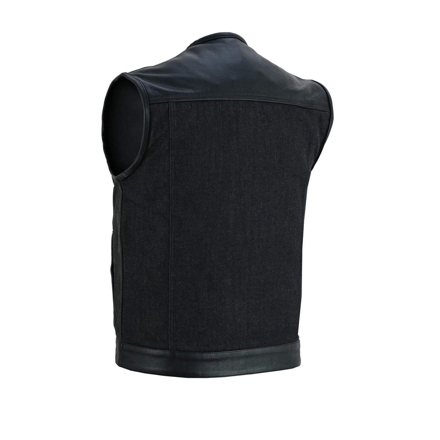 DM Men's Leather-Denim Combo Motorcycle  Vest - No Collar