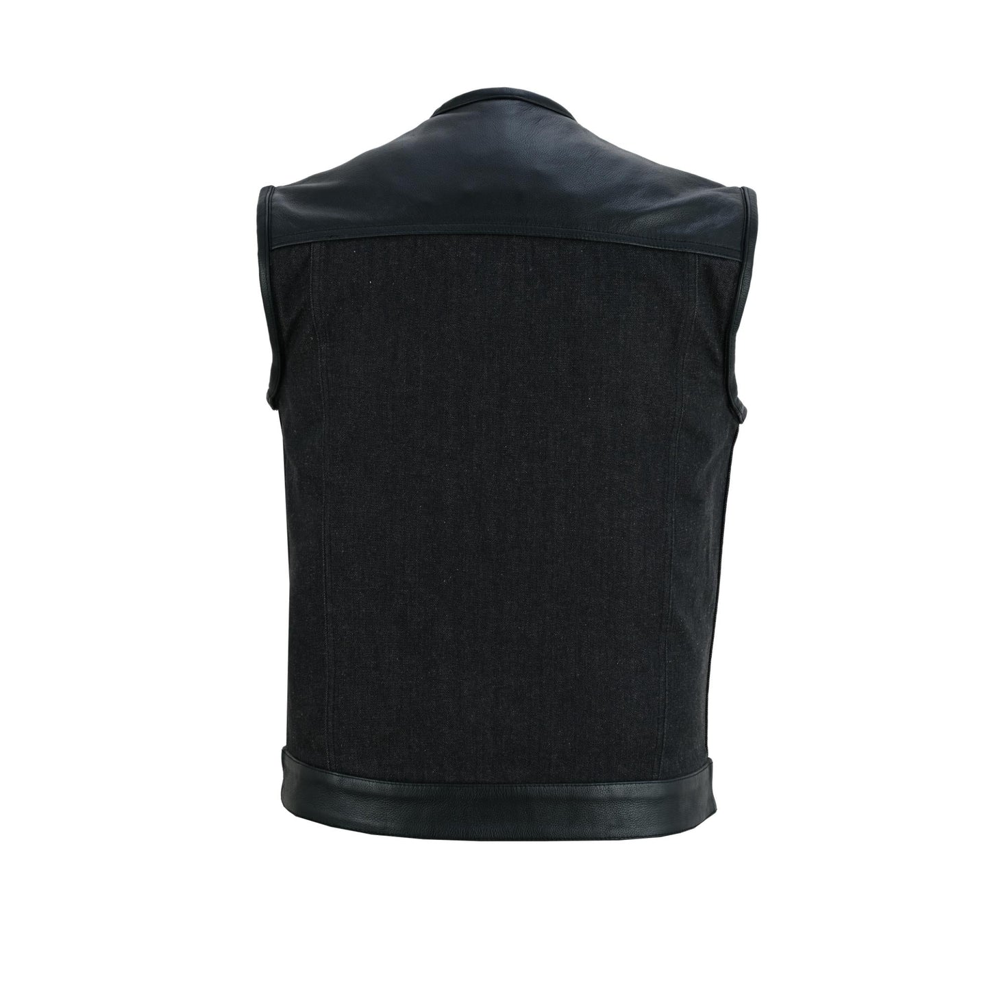 DM Men's Leather-Denim Combo Motorcycle  Vest - No Collar