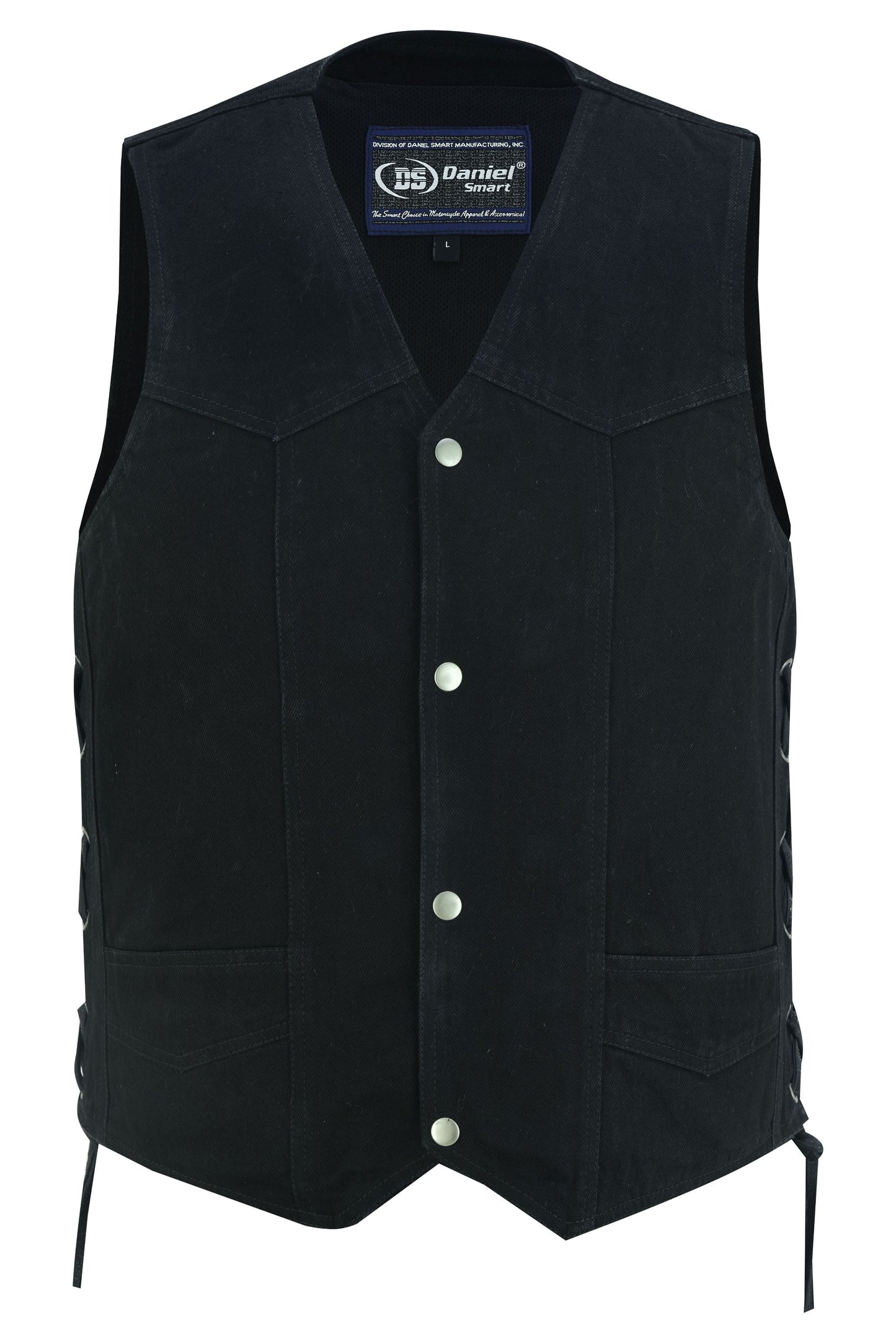 DM Men's Traditional Denim Motorcycle Vest with Side Laces – Smart Access Pockets