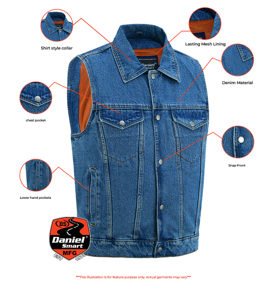 DM Men's Snap Front Blue Denim Motorcycle Vest