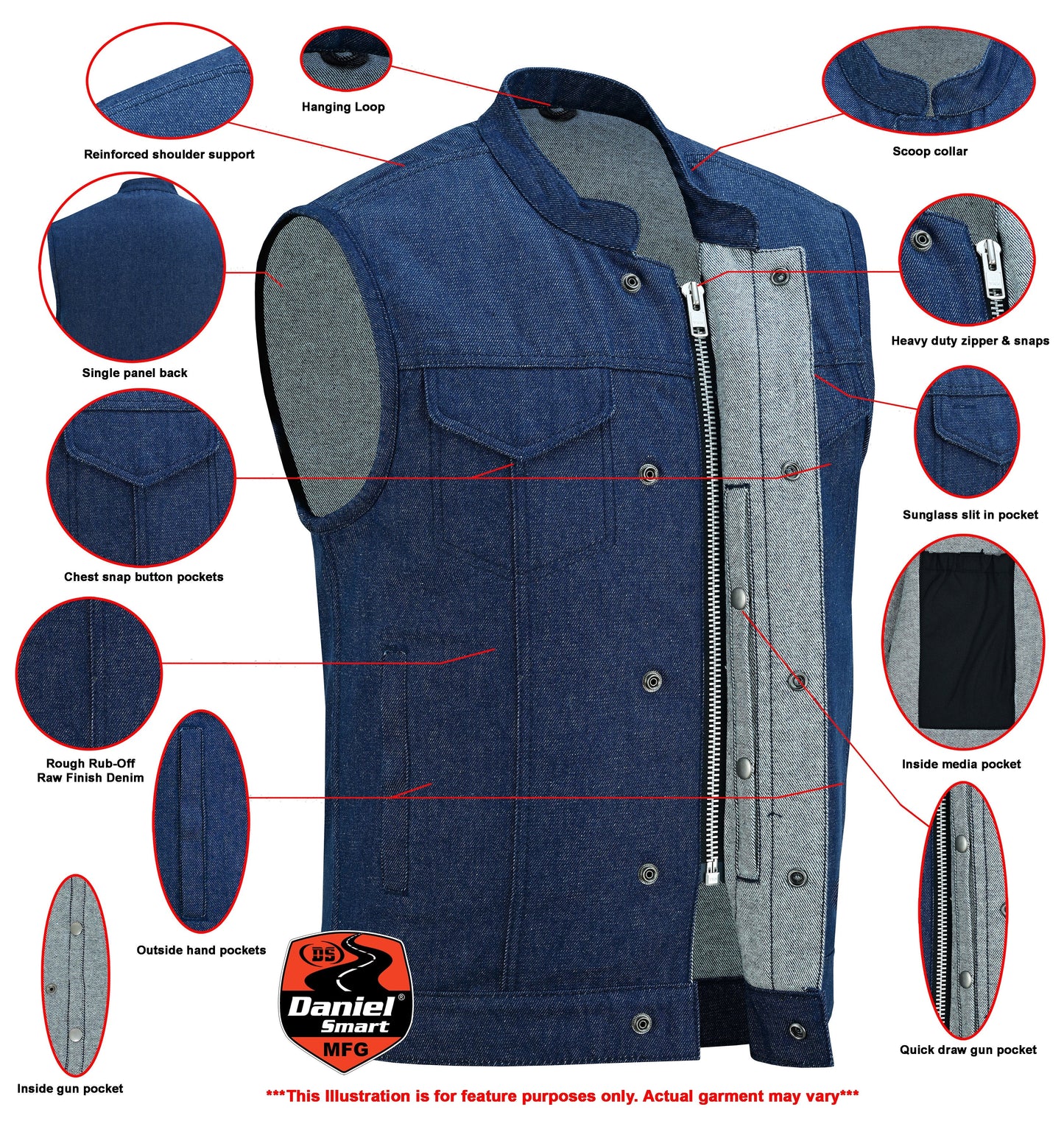 DM Men's Blue Rough Rub-Off Raw Finish Denim Vest