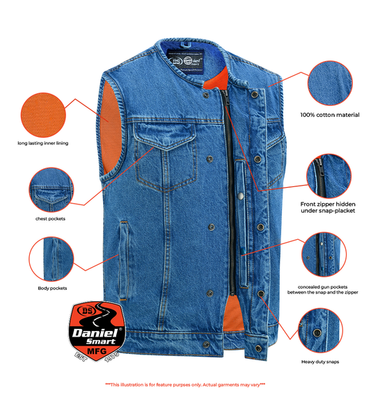 DM Mens Blue Denim Motorcycle Vest with Concealed Snaps & Zipper