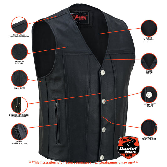 DS Buffalo Nickel Black Leather Vest for Men - Customizable Back & Satin Liner