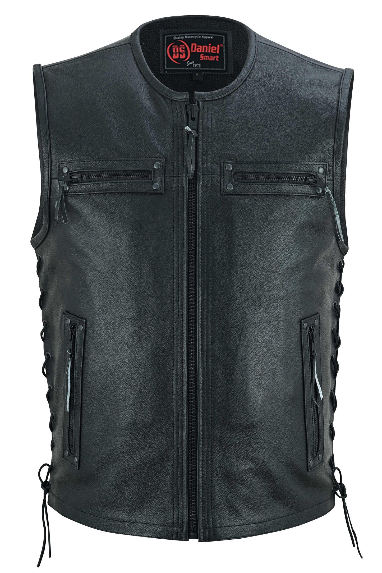 DS Men's Zipper Front Black Leather Motorcycle Vest