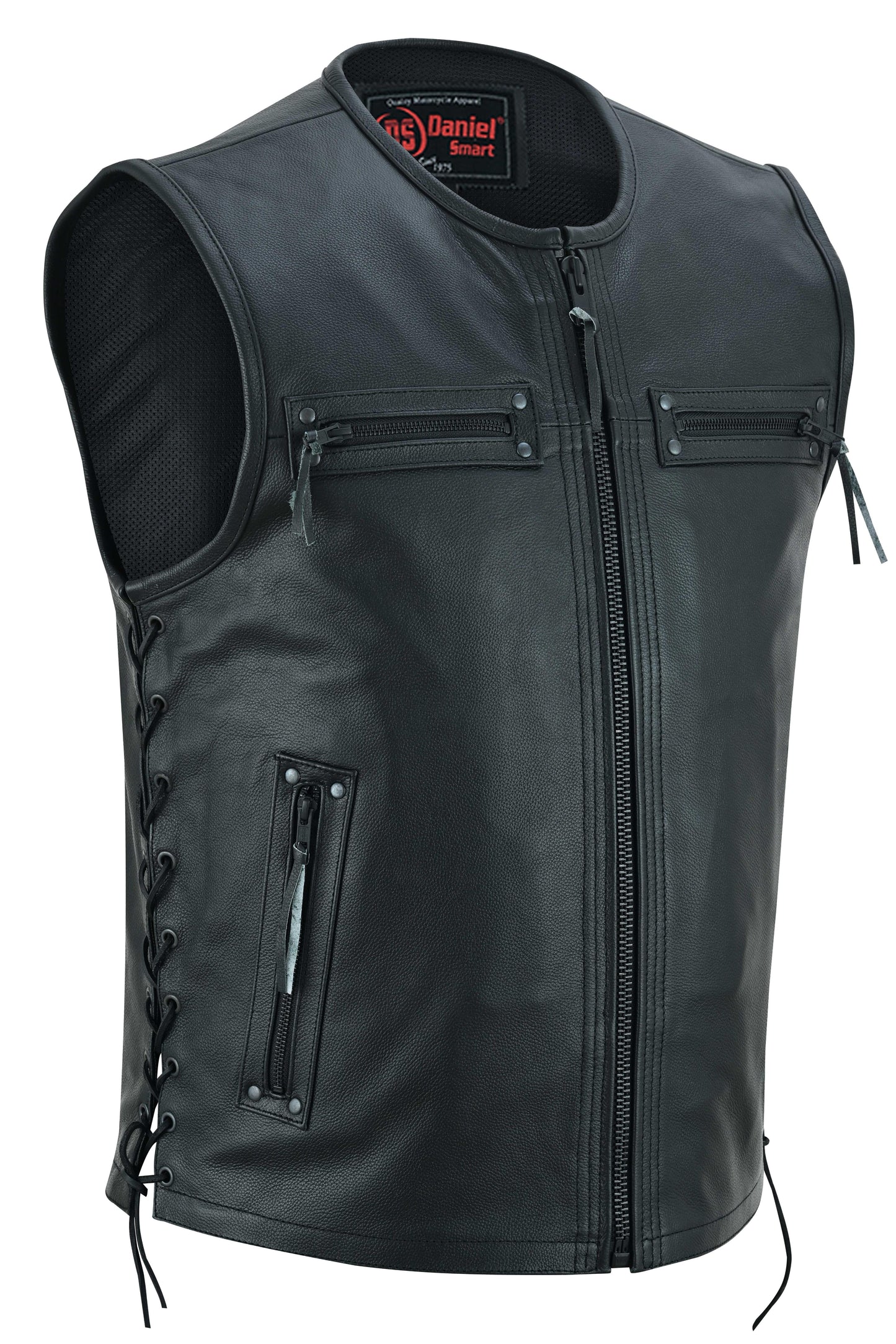 DS Men's Zipper Front Black Leather Motorcycle Vest