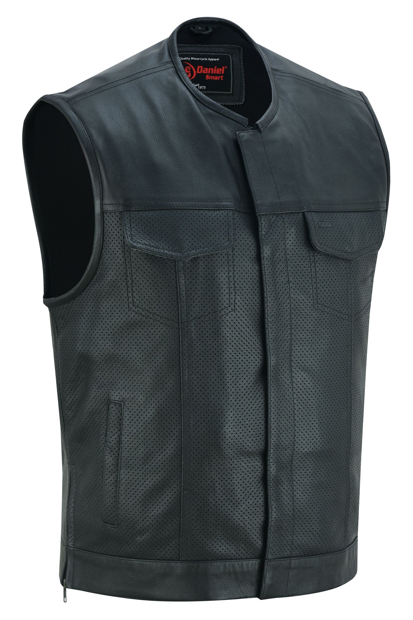 DS Men's Collarless Perforated Leather Vest - Black