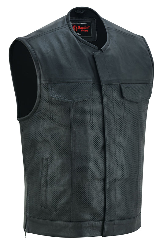 DS Men's Collarless Perforated Leather Vest - Black