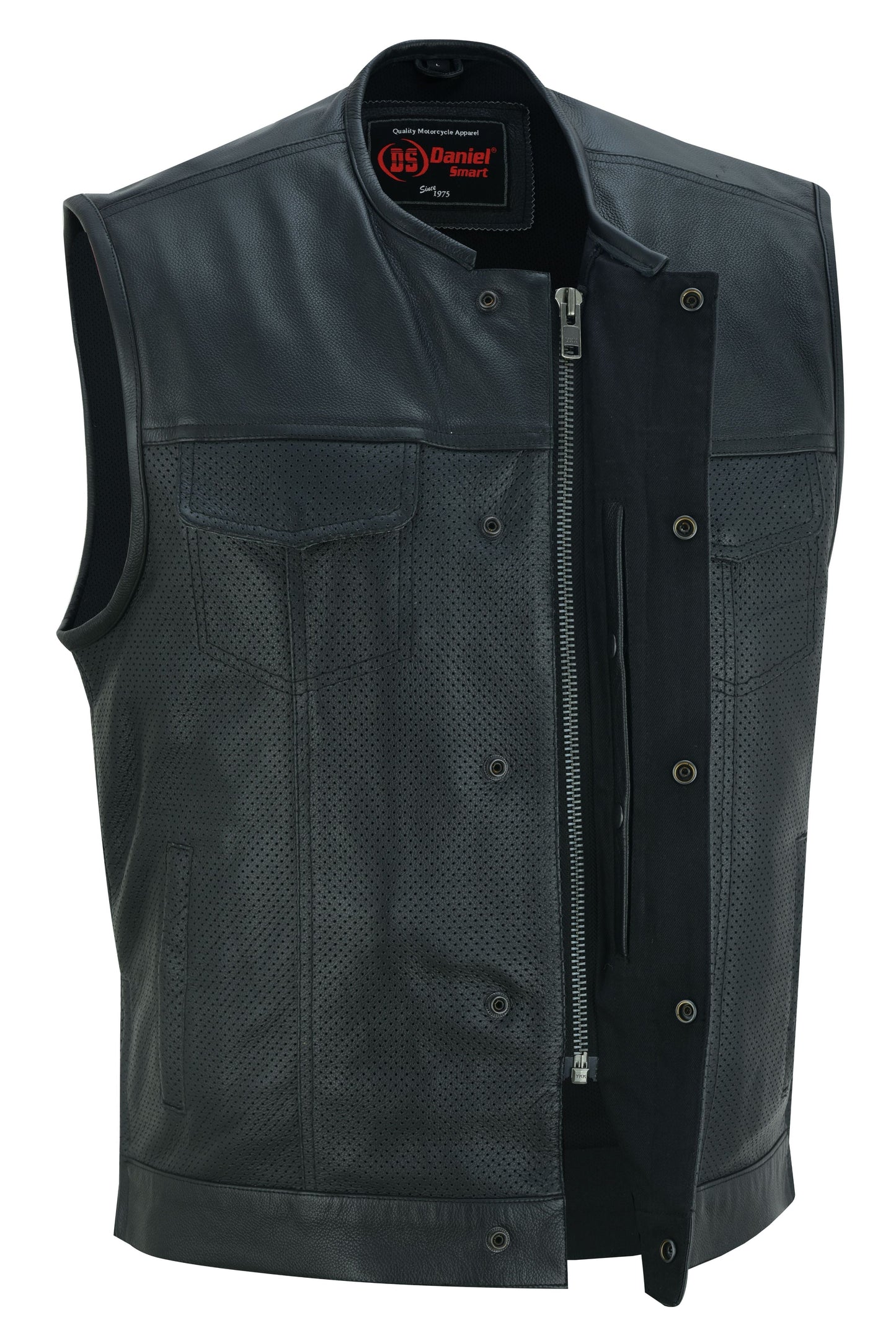 DS Men's Collarless Perforated Leather Vest - Black