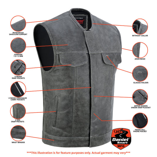DS Men's Distressed Gray Cowhide Leather  Motorcycle Vest