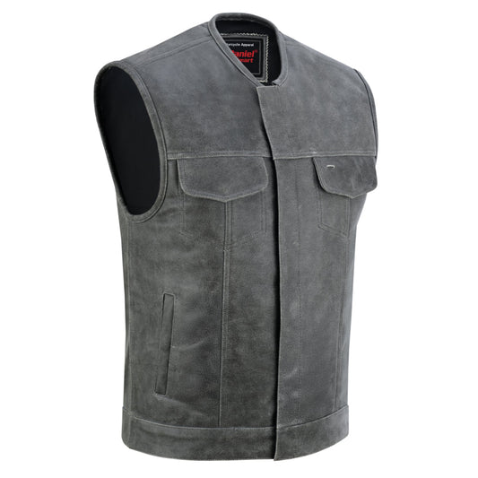 DS Men's Distressed Gray Cowhide Leather  Motorcycle Vest