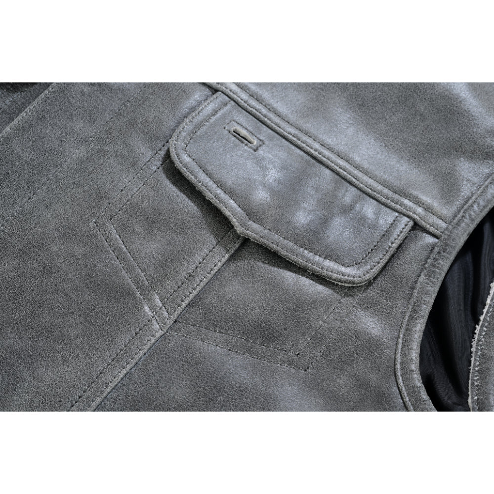 DS Men's Distressed Gray Cowhide Leather  Motorcycle Vest