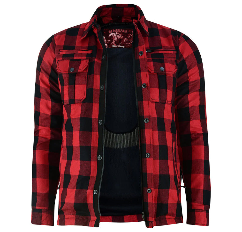Front Open View Alpha Checkered - Red / Black Plaid Flannel Armored Shirt