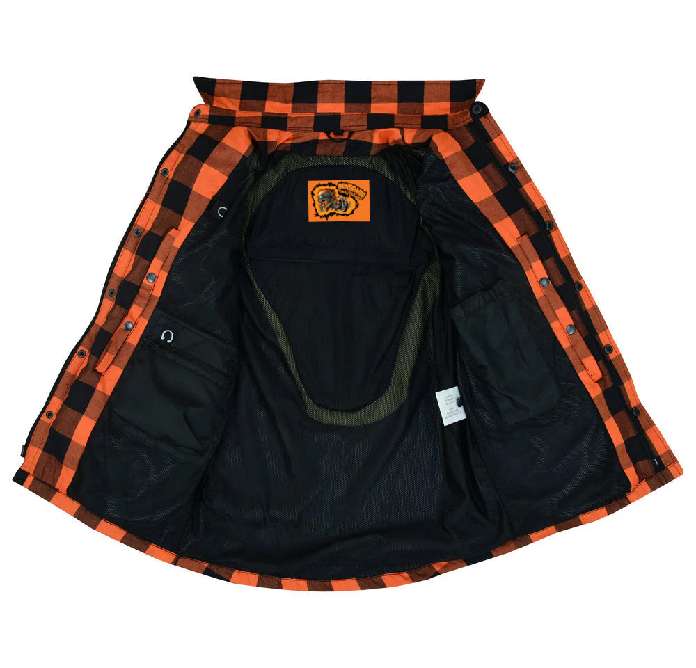 Open Inside View Alpha Checkered Black and Orange Flannel Shirt