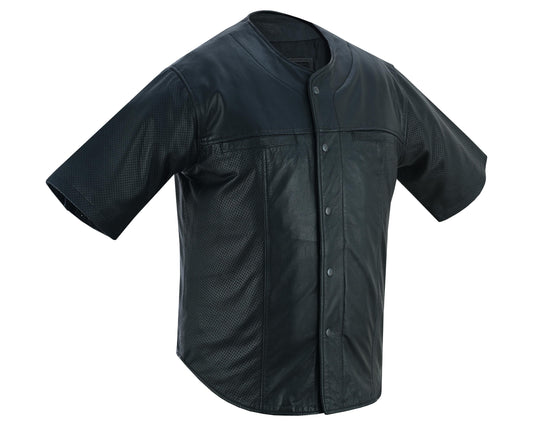 Men's  Leather Baseball Motorcycle Shirt - Black