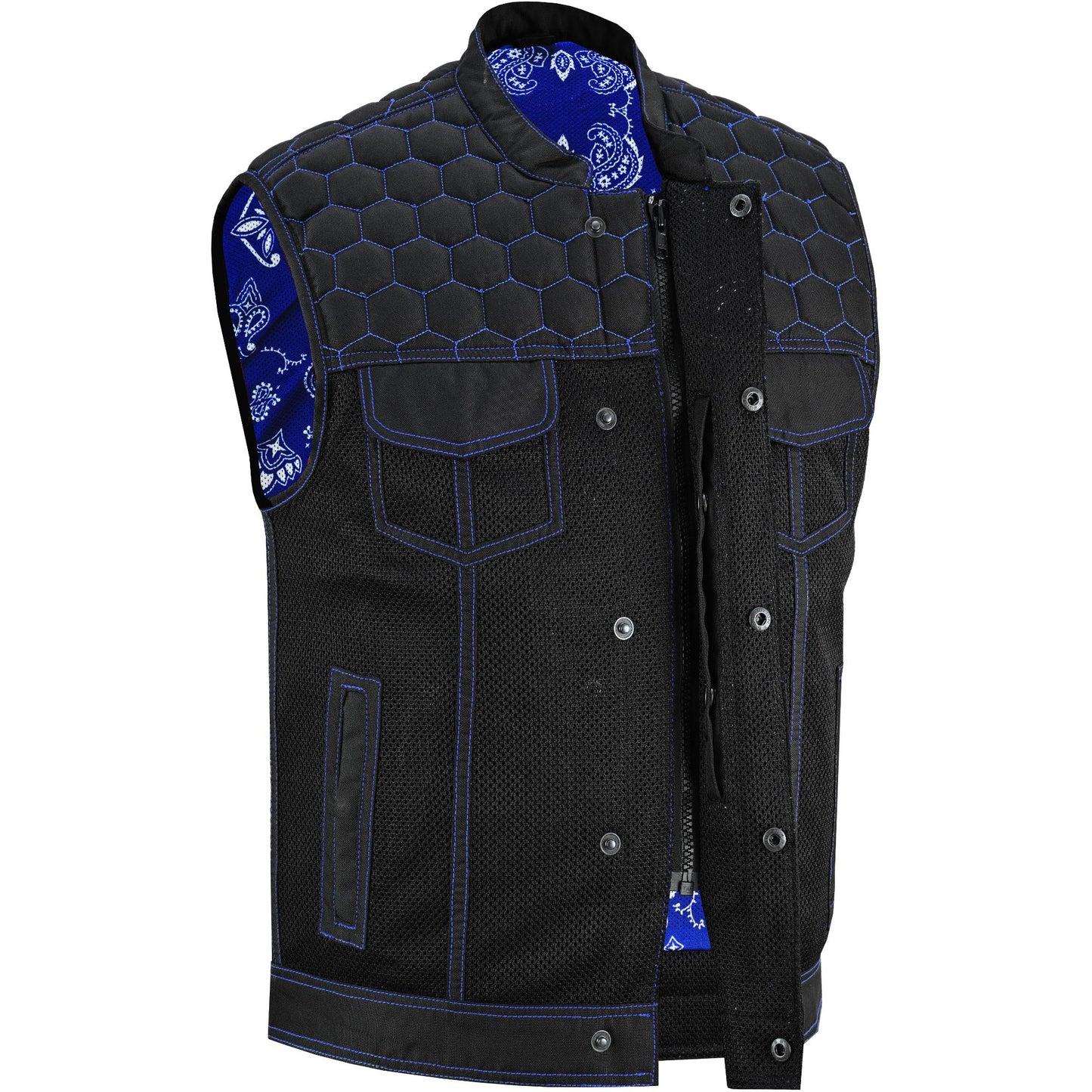 Side Angle Blue Soul Men's Black Mesh Textile Vest with Blue Paisley Liner
