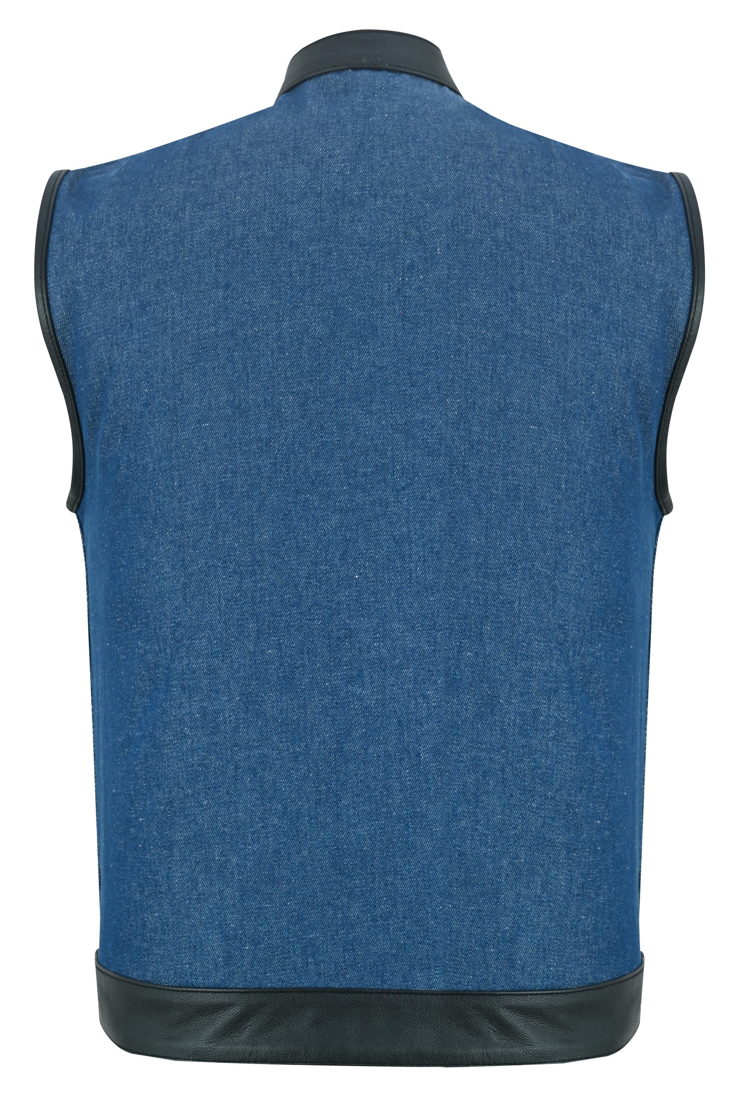 DM Men's Upgraded Broken Blue Denim Motorcycle Vest w/Leather Trimming