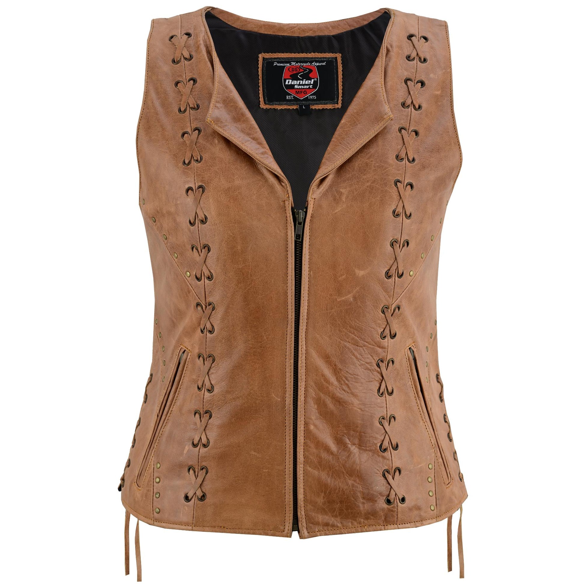 DS Women's Brown Zippered Vest with Lacing Details