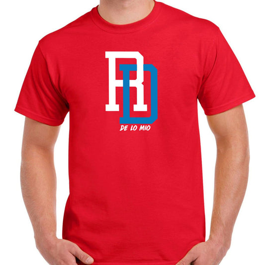 Red t-shirt with a logo and text on a white background