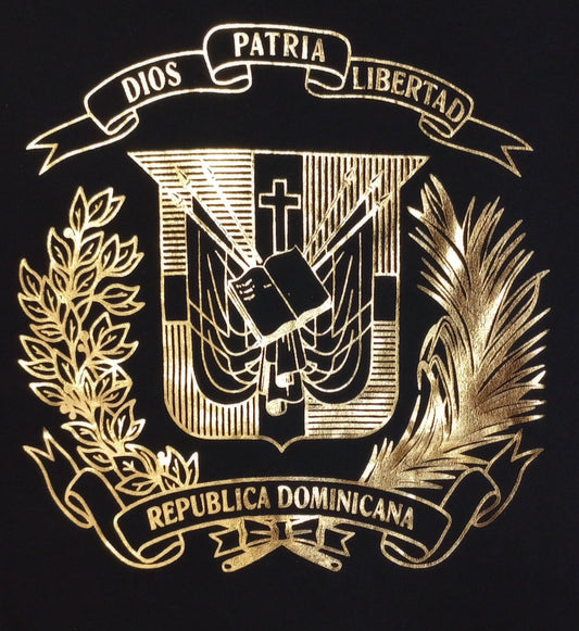 Emblem of the Dominican Republic with gold design on a black background