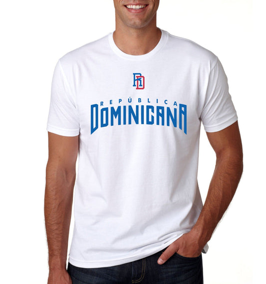 Man wearing a white t-shirt with 'Republica Dominicana' text and logo on a white background