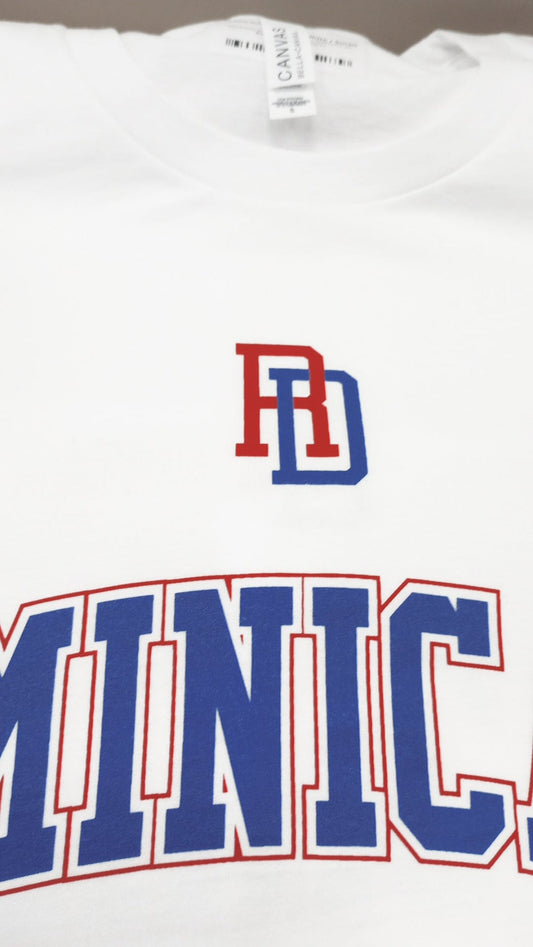 White shirt with red and blue text and logo, featuring the brand 'Dominic'.
