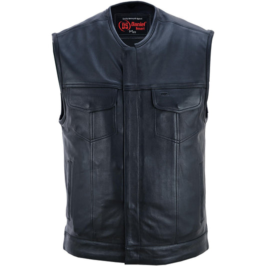 DS Men's Titan Black Leather Vest -  Milled Cowhide, Hidden Zipper