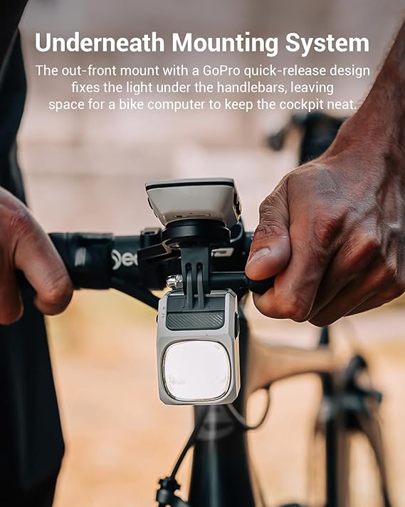 Bicycle light mount with GoPro quick-release design held by hands, with text about mounting system.