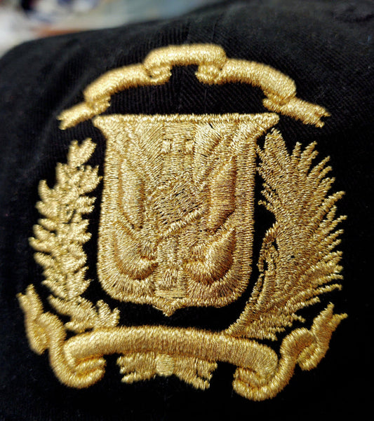Gold Dominican Republic embroidered emblem on a black background