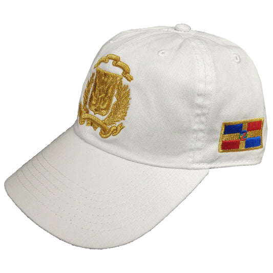 White cap with gold emblem and Dominican Republic Flag on a white background