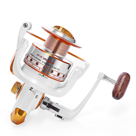 Fishing reel with gold and white design on a white background
