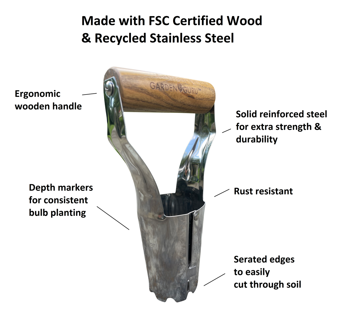Gardening tool with wooden handle and metal body, labeled features on a white background
