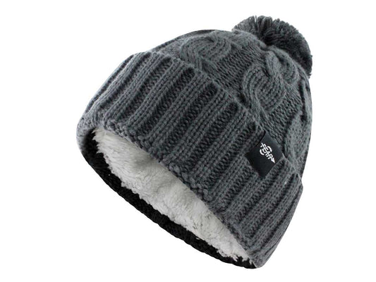 Gray knit beanie with pom-pom and white lining on a white background