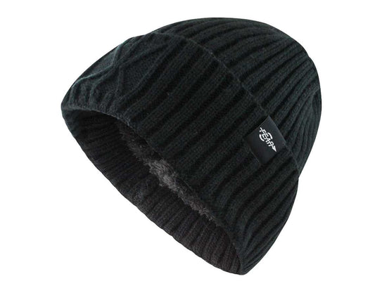 Black knit beanie with a brand logo on a white background