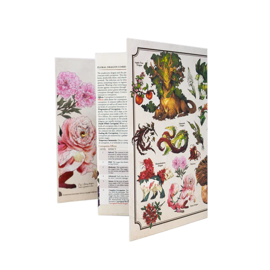 Floral Dragon themed card with illustrations on a white background