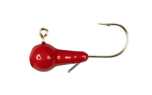 Red fishing lure with a gold hook on a white background