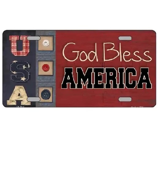 God Bless America Folk Art Style License Plate. License plate with 'God Bless America' text and USA letters on a red and blue background