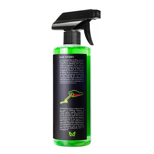 Green spray bottle with black nozzle on a white background