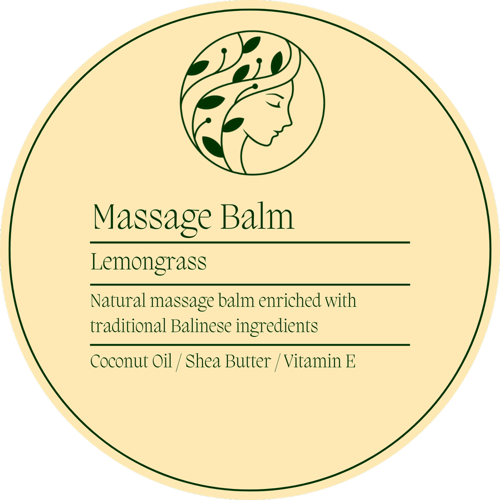 Round container of Massage Balm with lemongrass scent on a beige background