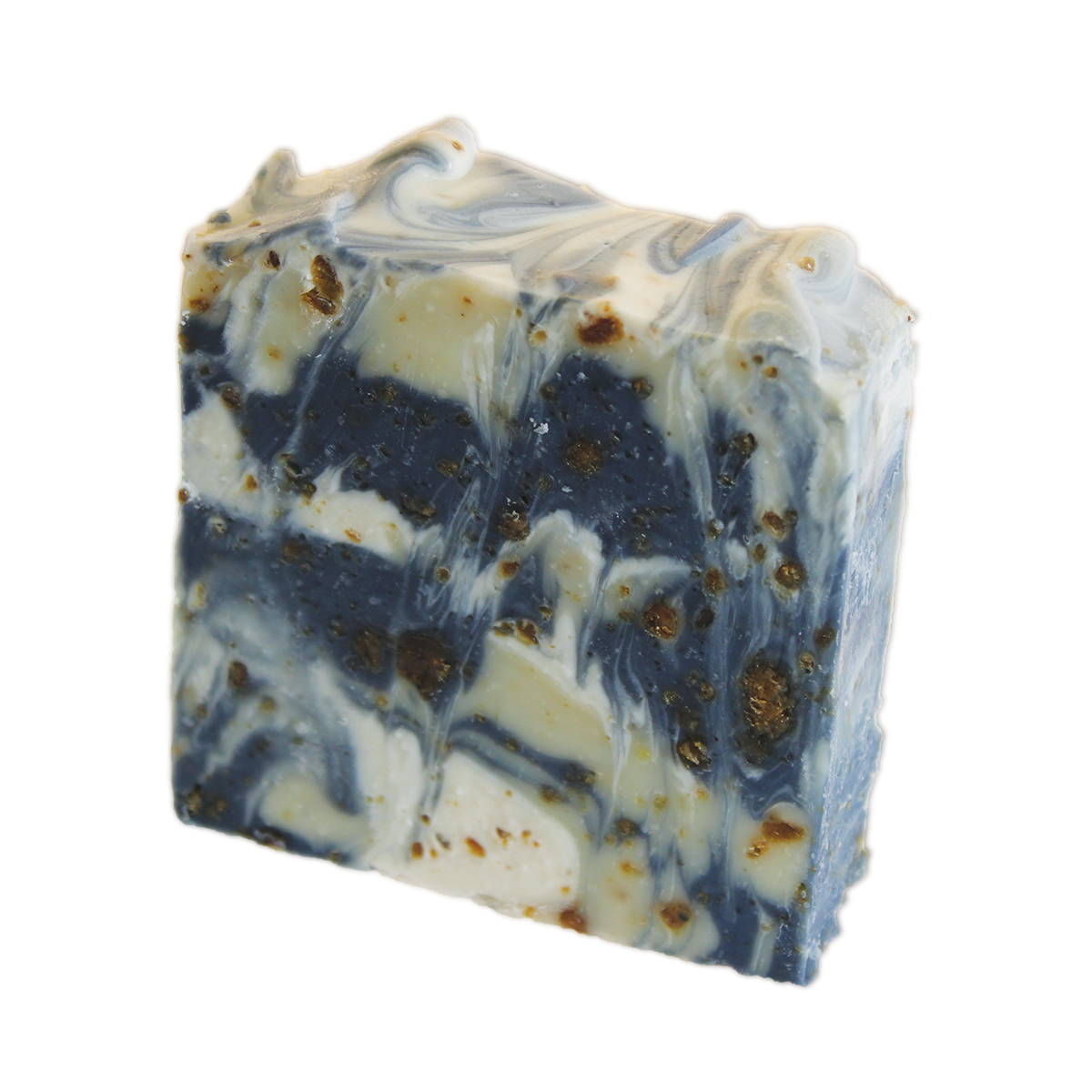 Marbled soap bar with blue and white pattern on a white background