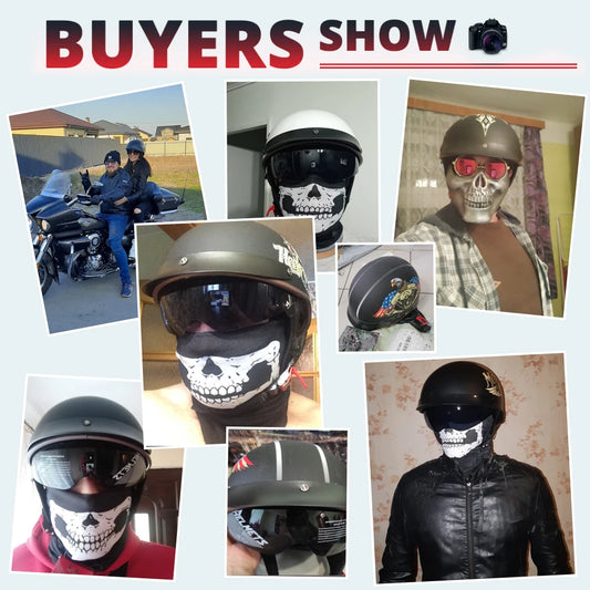 Collage of people wearing various motorcycle helmets with different designs.