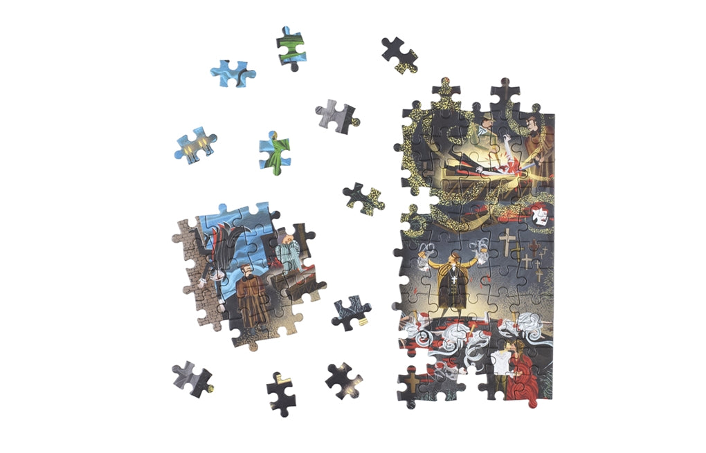 Jigsaw puzzle with completed pieces and missing ones on a white background