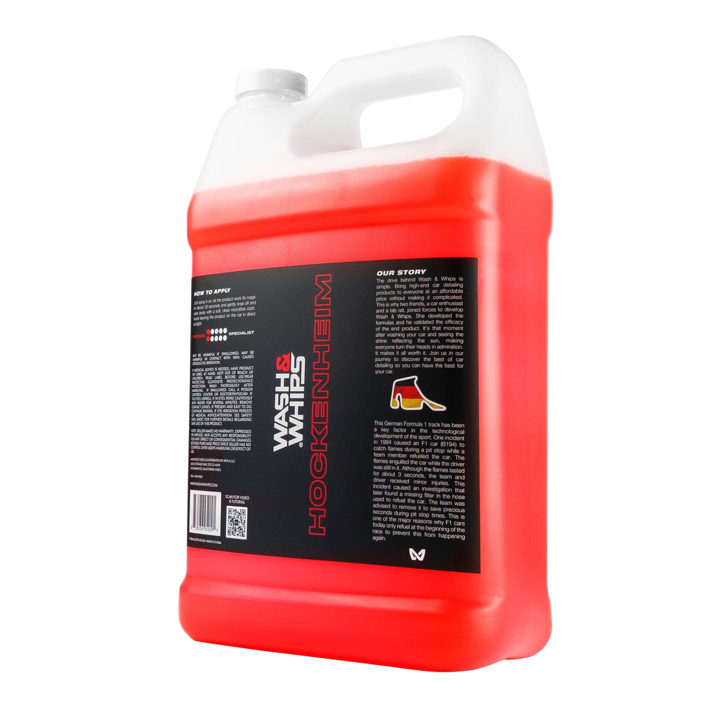 Red and white container with a label on a white background
