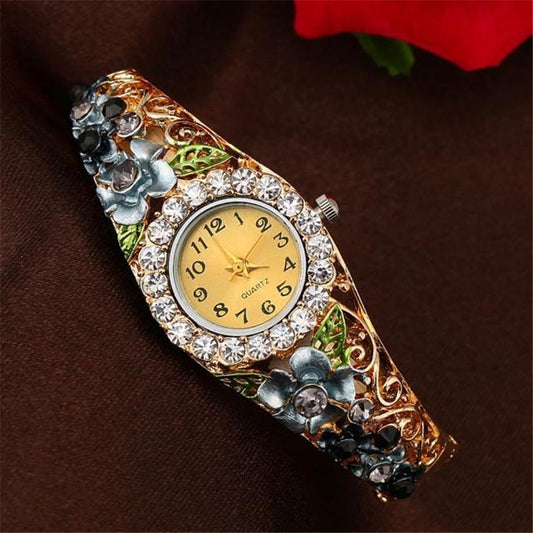 Elegant Watch Gold Luxury Women Watch Colorful Abstract Enamel Paint Crystal Rhinestone Bangle Wristwatches Bracelet Watch For Women Ladies and Girls
