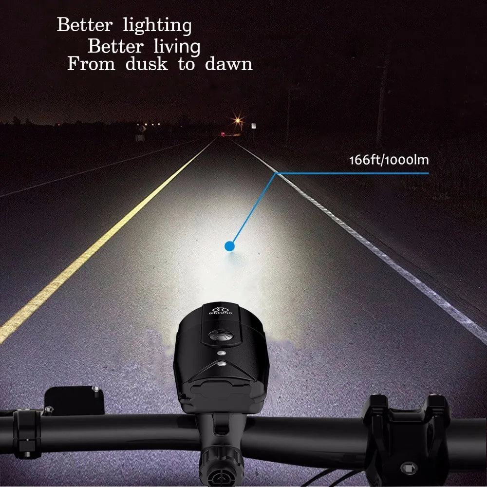 Bicycle headlight on a road at night with illumination distance indicated